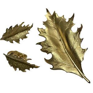 VTG Giovanni Signed Holly Leaf Brooch Scarf Pin & Earrings Set MCM 60s 70s Gold